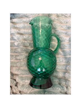 Vintage Italian Green Hobnail Glass Pitcher Jug Handblown Made in Italy